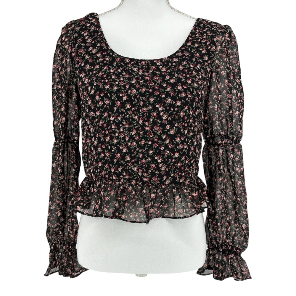 Promesa Black Floral Chiffon Lace Up Back Womens Medium  Ruffle Hem Blouse Top